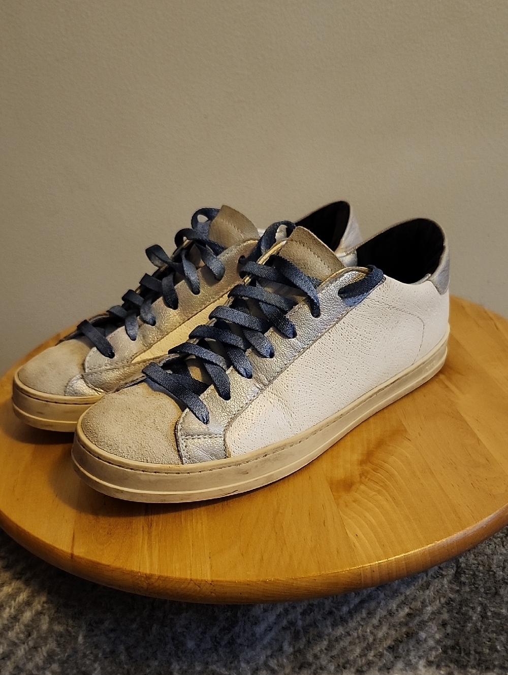 P448 Womens Low-Top Sneakers in White Blue Metallic Silver